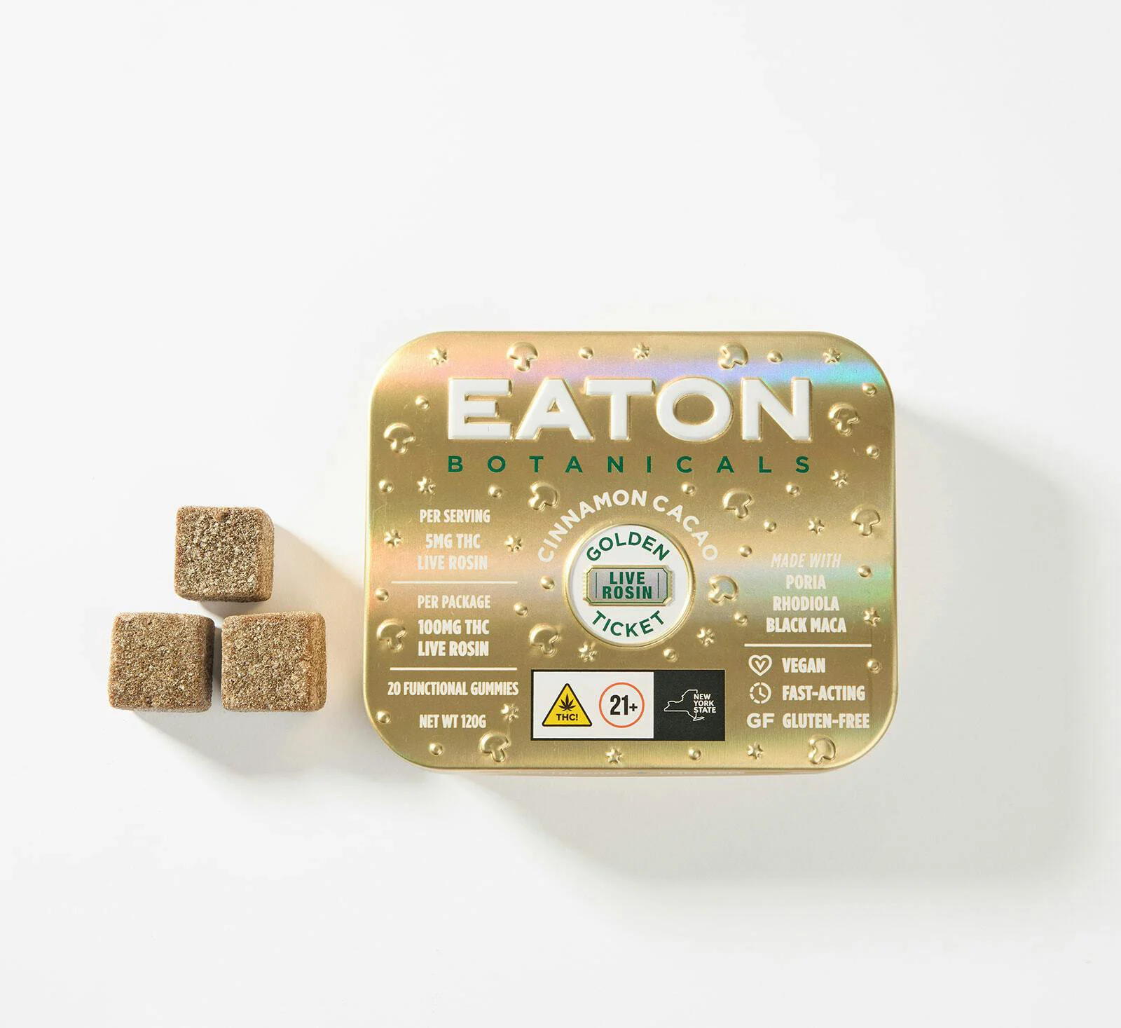 Eaton Botanicals Golden Ticket Cinnamon Cacao Live Rosin Gummies, 100MG (20-Pack)